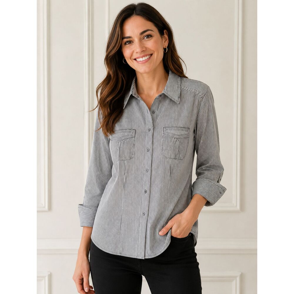 Larry Levine Black White Pinstripe Button Front Shirt XL Career Chic Roll Tab